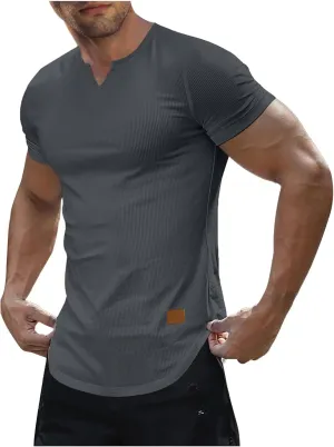Muscle Tee Shirts for Men Summer Basic Short Sleeve Crew Neck Pullover Tops Casual Ribbed Workout Athletic Blouse