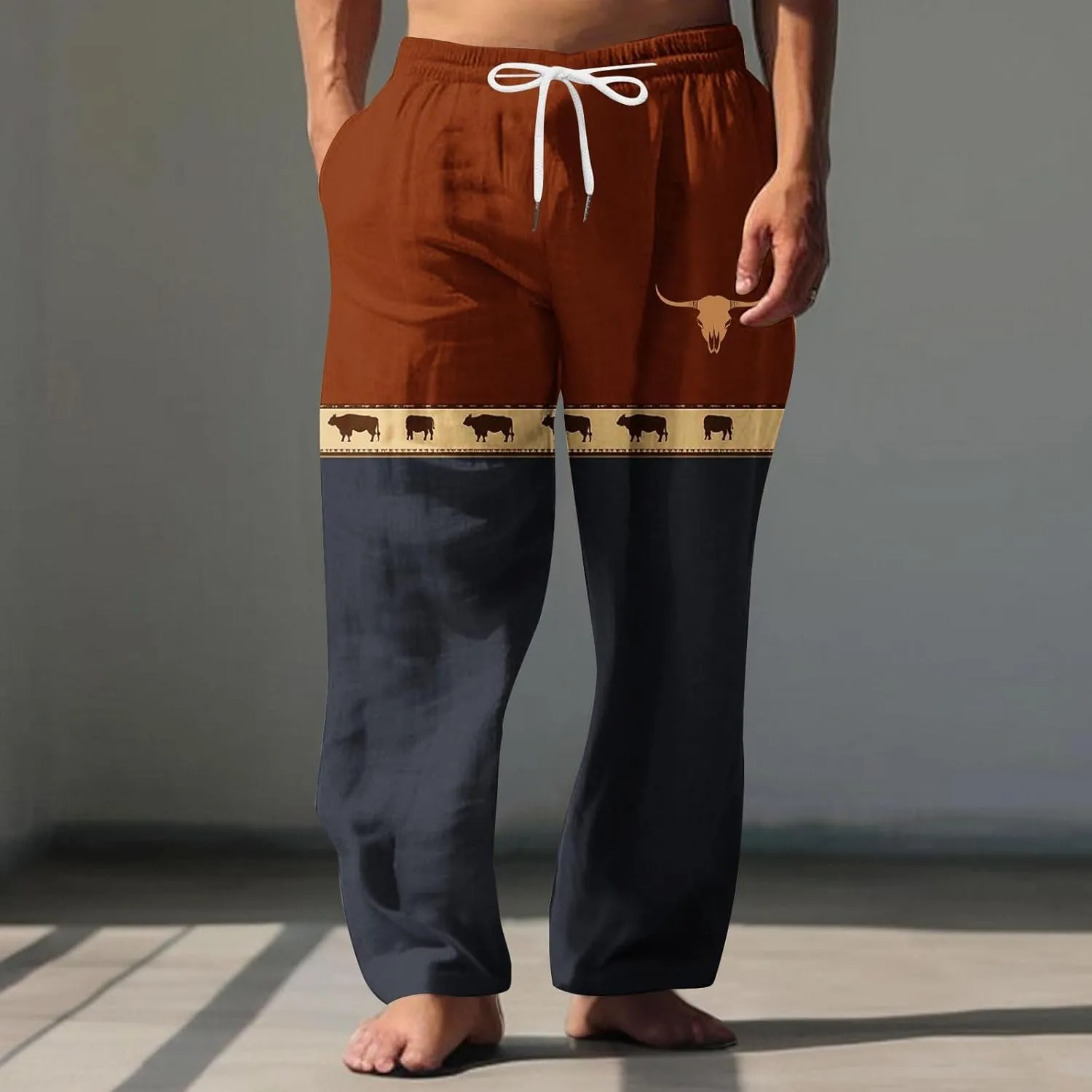 Muscularfit Linen Pant for Men Summer Casual Drawstring Elastic Waist Baggy Trouser with Pockets Ethnic Print Beach Sweatpant