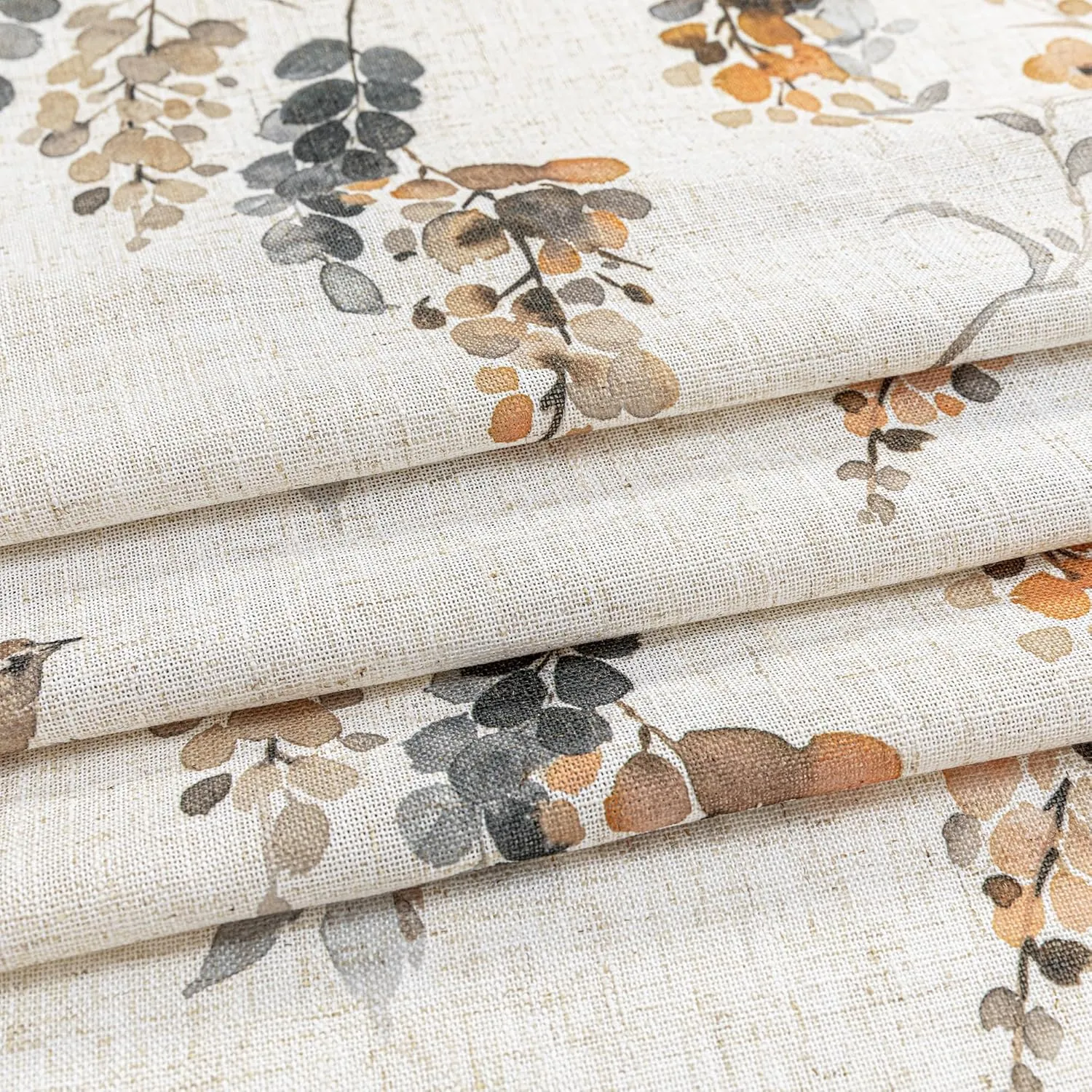 MYSKY HOME Linen Curtains 63 Inch Length Floral Pattern Semi Sheer Decorative Window Treatment Draperies Privacy with Light Through for Kitchen/Nursery/Bathroom, 52" Wide, Orange Bird, 2 Panels