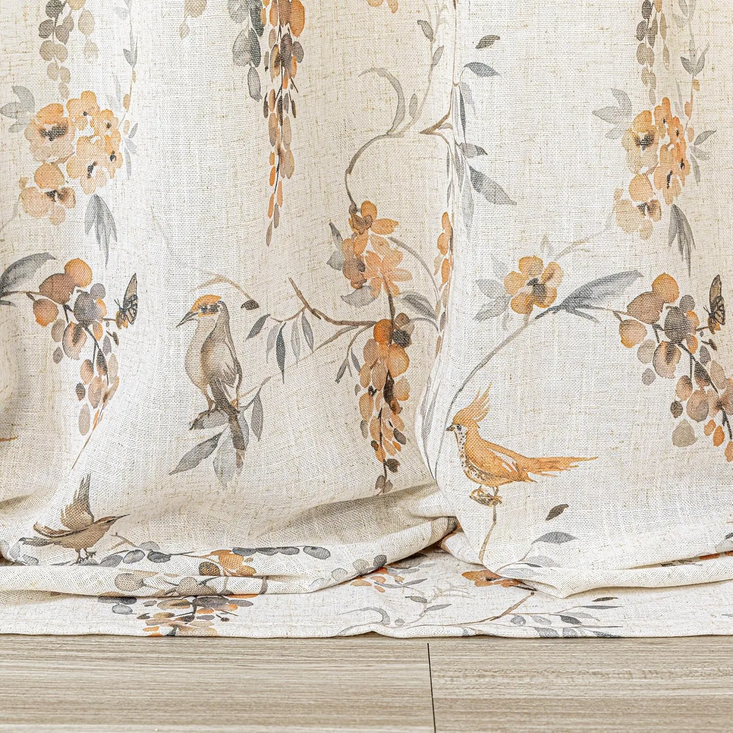 MYSKY HOME Linen Curtains 63 Inch Length Floral Pattern Semi Sheer Decorative Window Treatment Draperies Privacy with Light Through for Kitchen/Nursery/Bathroom, 52" Wide, Orange Bird, 2 Panels