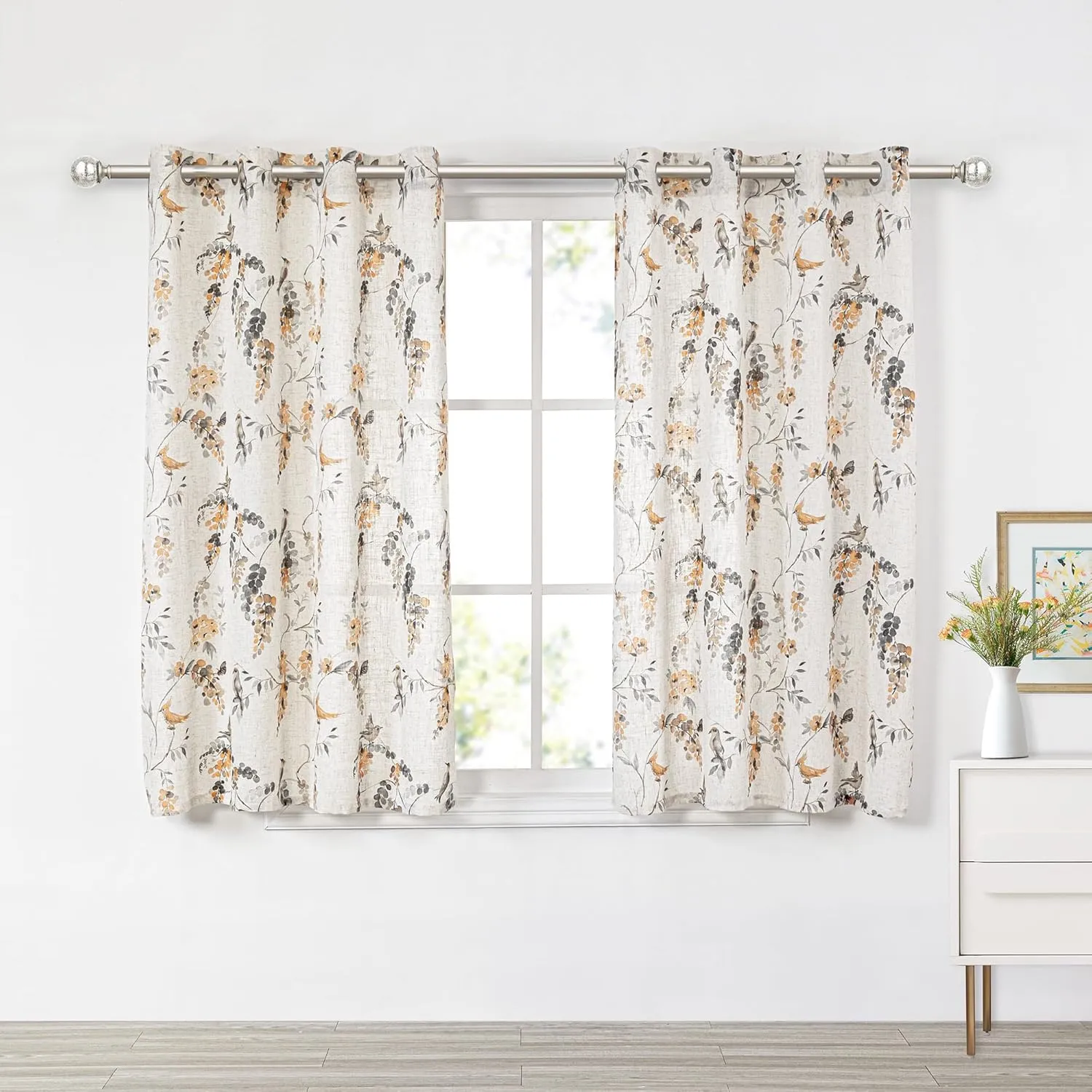 MYSKY HOME Linen Curtains 63 Inch Length Floral Pattern Semi Sheer Decorative Window Treatment Draperies Privacy with Light Through for Kitchen/Nursery/Bathroom, 52" Wide, Orange Bird, 2 Panels