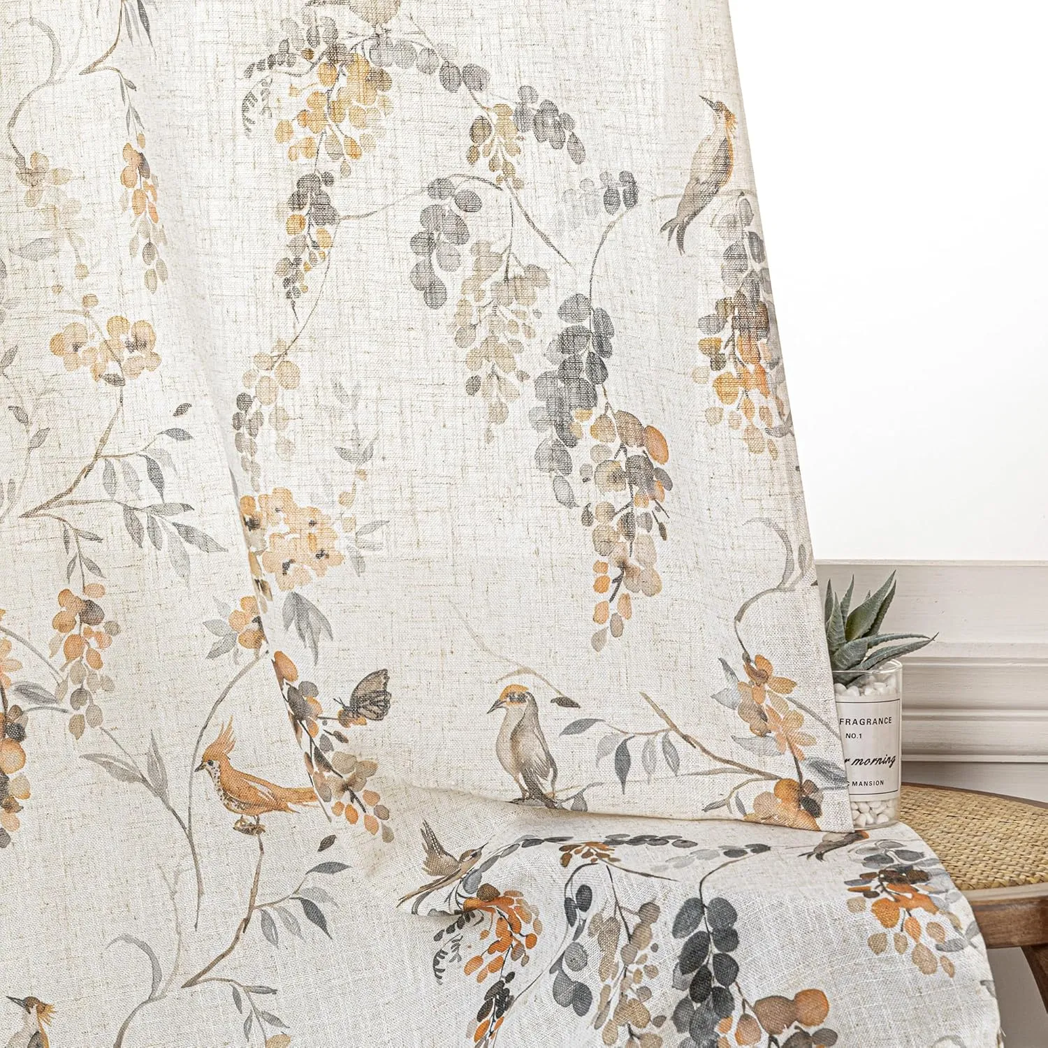 MYSKY HOME Linen Curtains 63 Inch Length Floral Pattern Semi Sheer Decorative Window Treatment Draperies Privacy with Light Through for Kitchen/Nursery/Bathroom, 52" Wide, Orange Bird, 2 Panels
