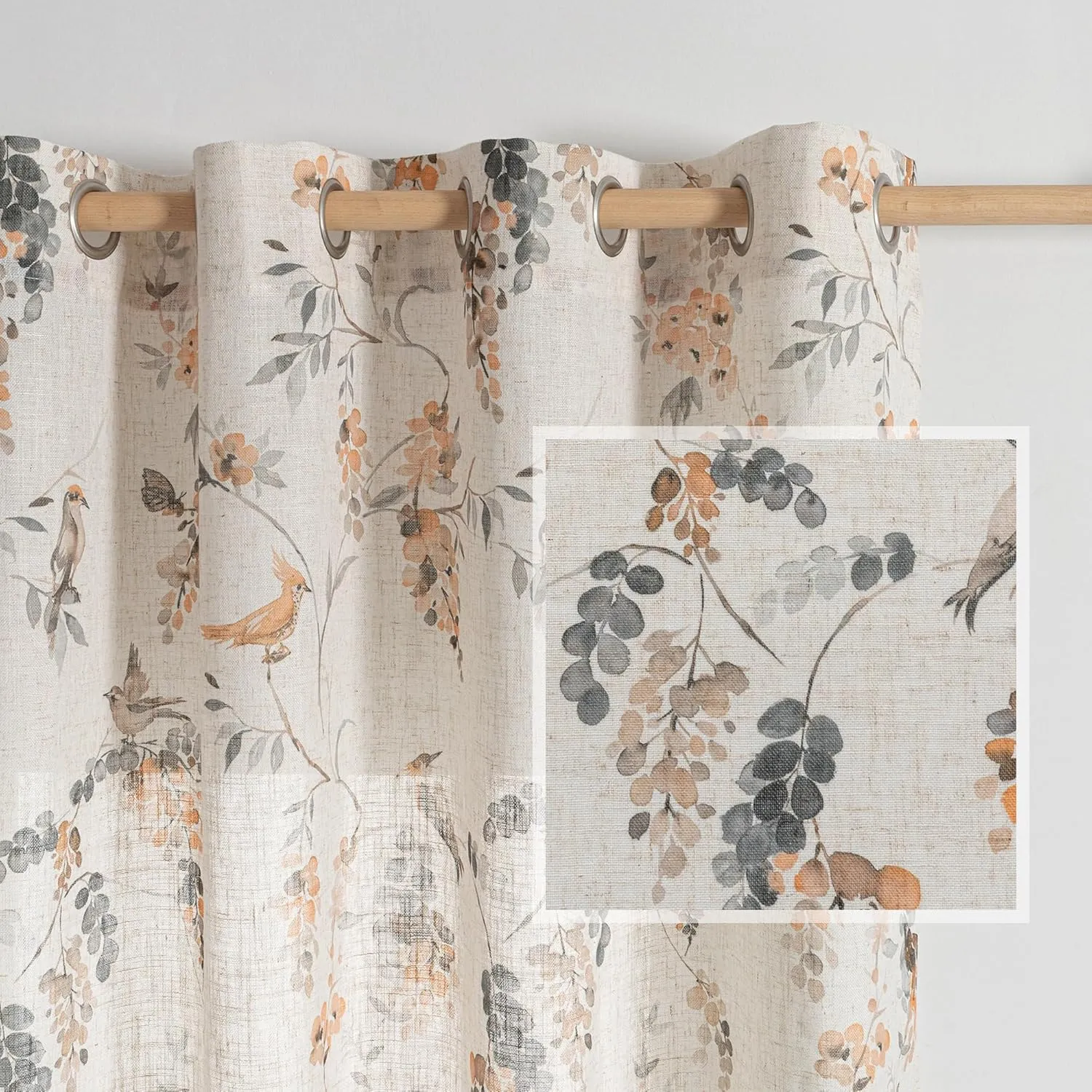 MYSKY HOME Linen Curtains 63 Inch Length Floral Pattern Semi Sheer Decorative Window Treatment Draperies Privacy with Light Through for Kitchen/Nursery/Bathroom, 52" Wide, Orange Bird, 2 Panels