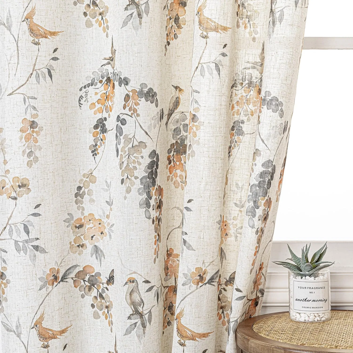 MYSKY HOME Linen Curtains 63 Inch Length Floral Pattern Semi Sheer Decorative Window Treatment Draperies Privacy with Light Through for Kitchen/Nursery/Bathroom, 52" Wide, Orange Bird, 2 Panels
