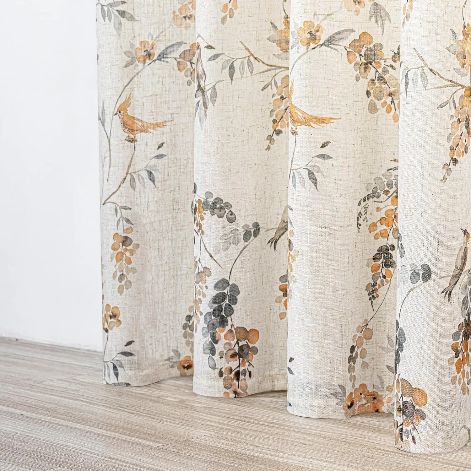 MYSKY HOME Linen Curtains 63 Inch Length Floral Pattern Semi Sheer Decorative Window Treatment Draperies Privacy with Light Through for Kitchen/Nursery/Bathroom, 52" Wide, Orange Bird, 2 Panels