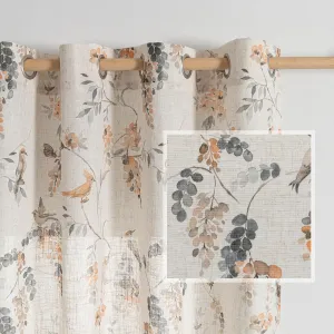 MYSKY HOME Linen Curtains 63 Inch Length Floral Pattern Semi Sheer Decorative Window Treatment Draperies Privacy with Light Through for Kitchen/Nursery/Bathroom, 52" Wide, Orange Bird, 2 Panels