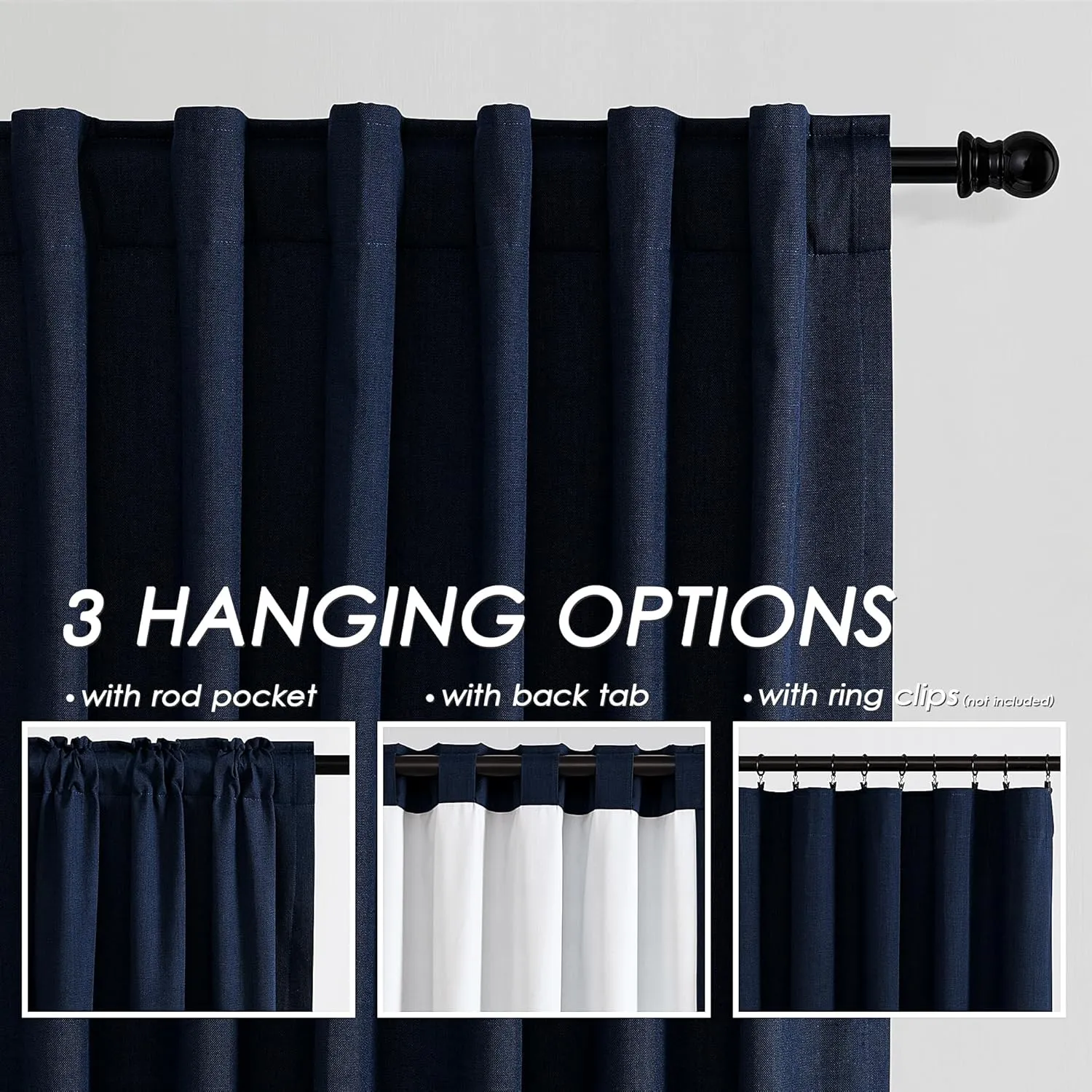 Nanspring Navy Blue 100% Blackout Kitchen Curtains Back Tab Rod Pocket Thermal Insulated Textured Short Blackout Curtains 2 Panels Set 52x45
