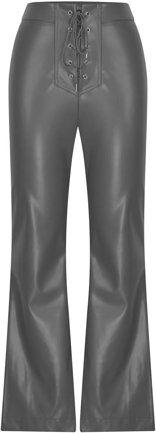NATHGAM Womens Faux Leather Pants Lace Up Front Flare Pants High Waisted Straight Leg Bell Bottom PU Slim Leather Skinny Pant