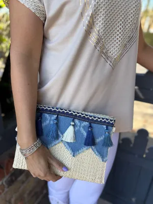 Natural Distressed Denim Tassel Clutch Bag