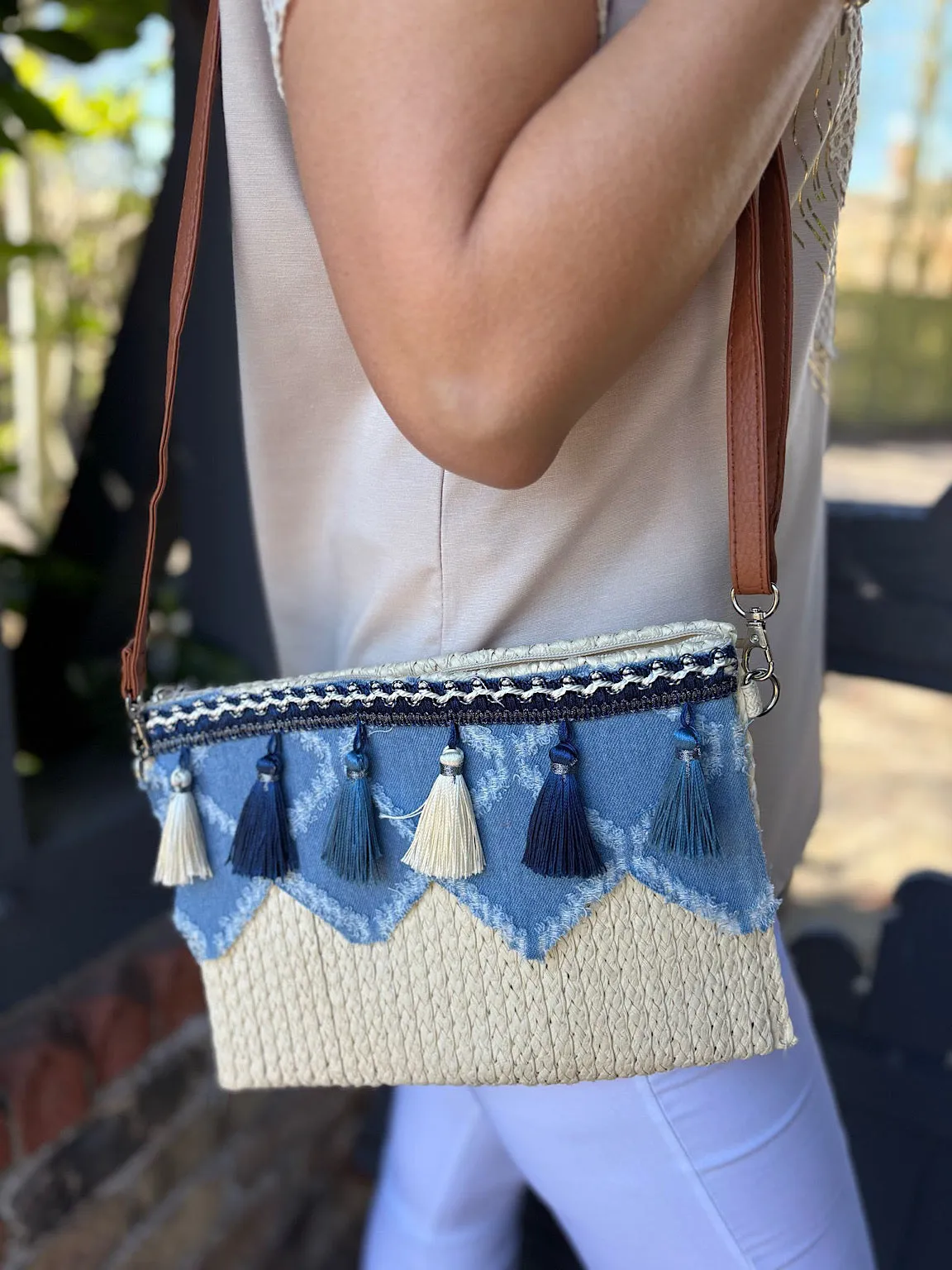 Natural Distressed Denim Tassel Clutch Bag