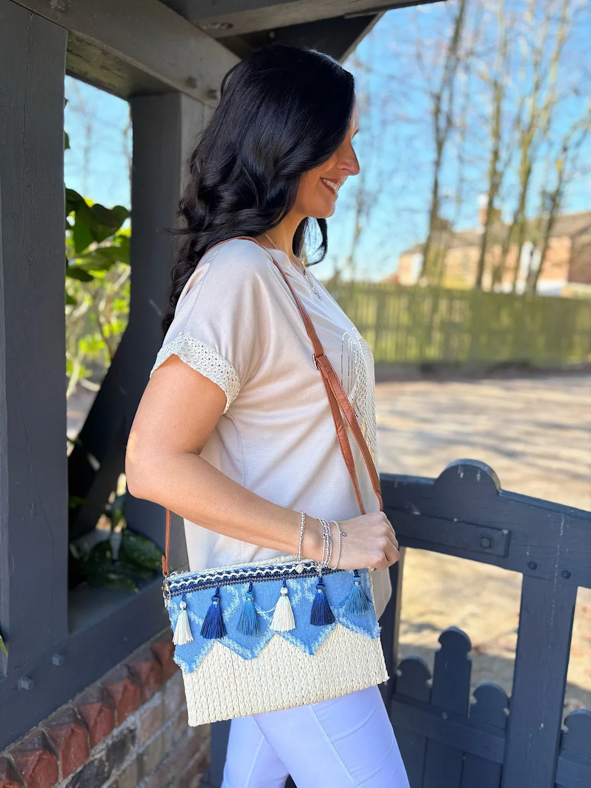 Natural Distressed Denim Tassel Clutch Bag