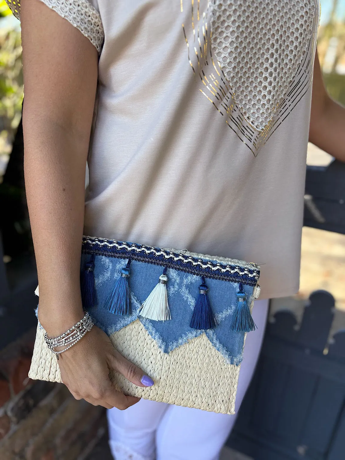 Natural Distressed Denim Tassel Clutch Bag
