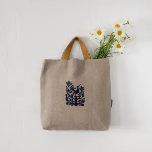 Natural Linen Bag with Lithuanian Folk Art Embroidery and Leather Handles