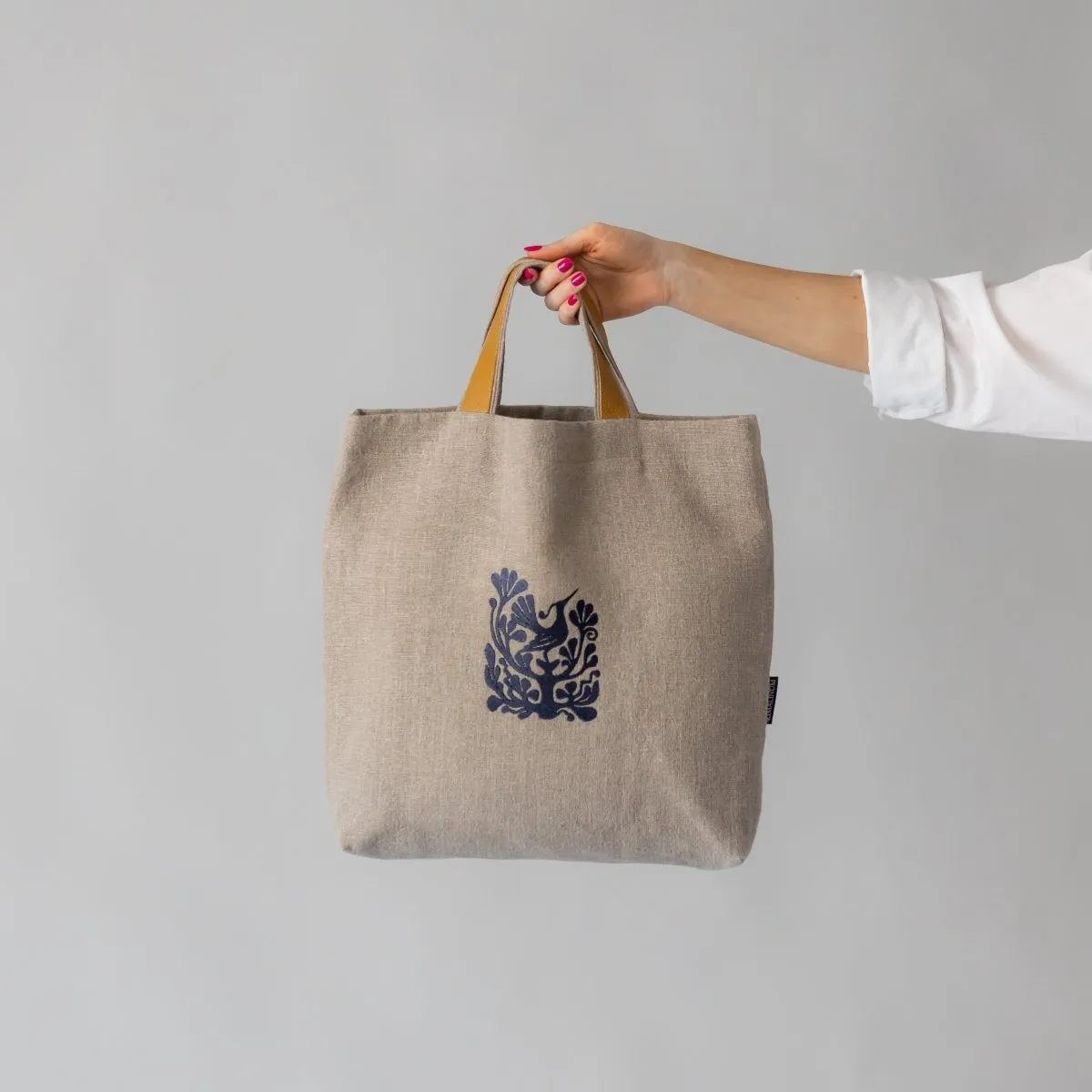 Natural Linen Bag with Lithuanian Folk Art Embroidery and Leather Handles