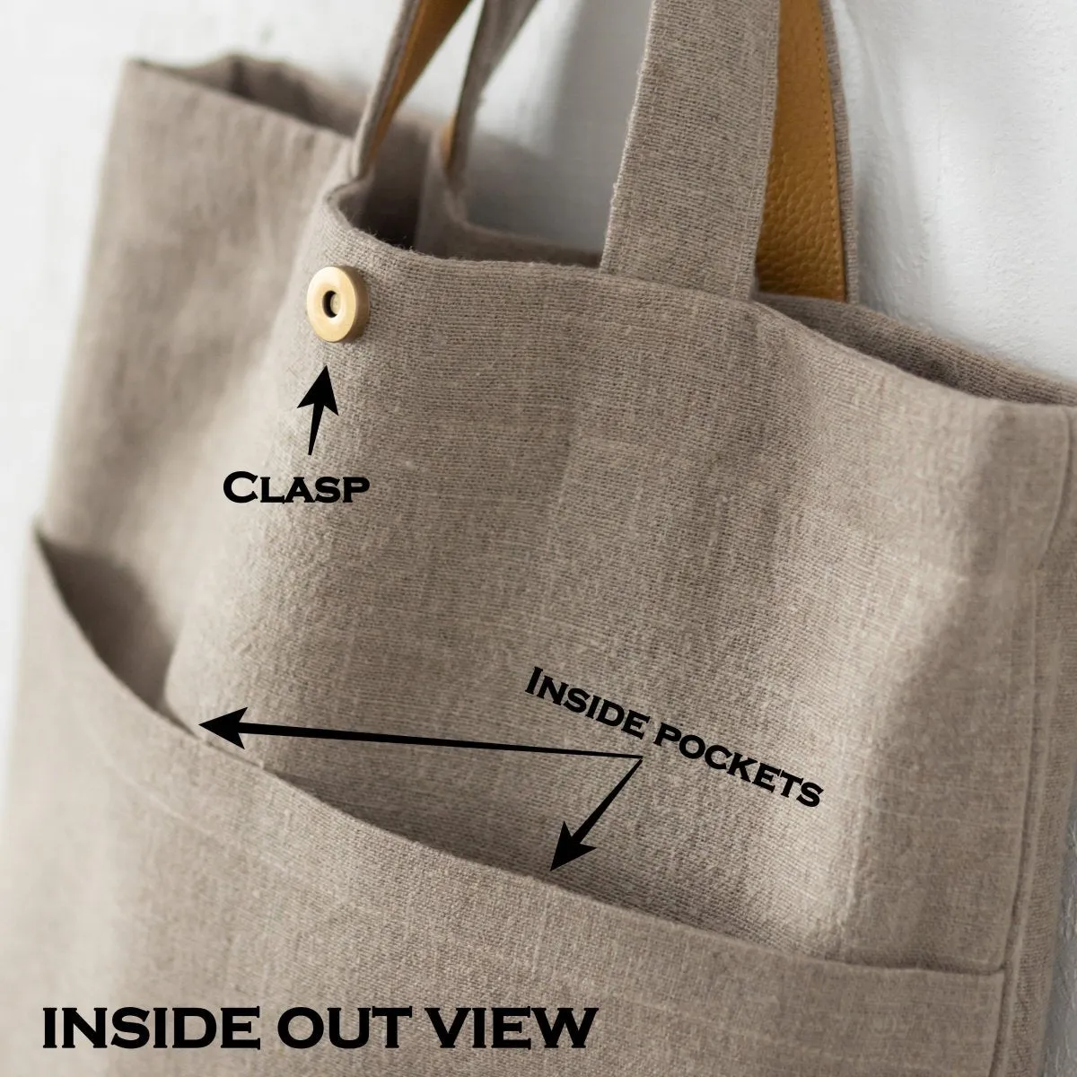 Natural Linen Bag with Lithuanian Folk Art Embroidery and Leather Handles