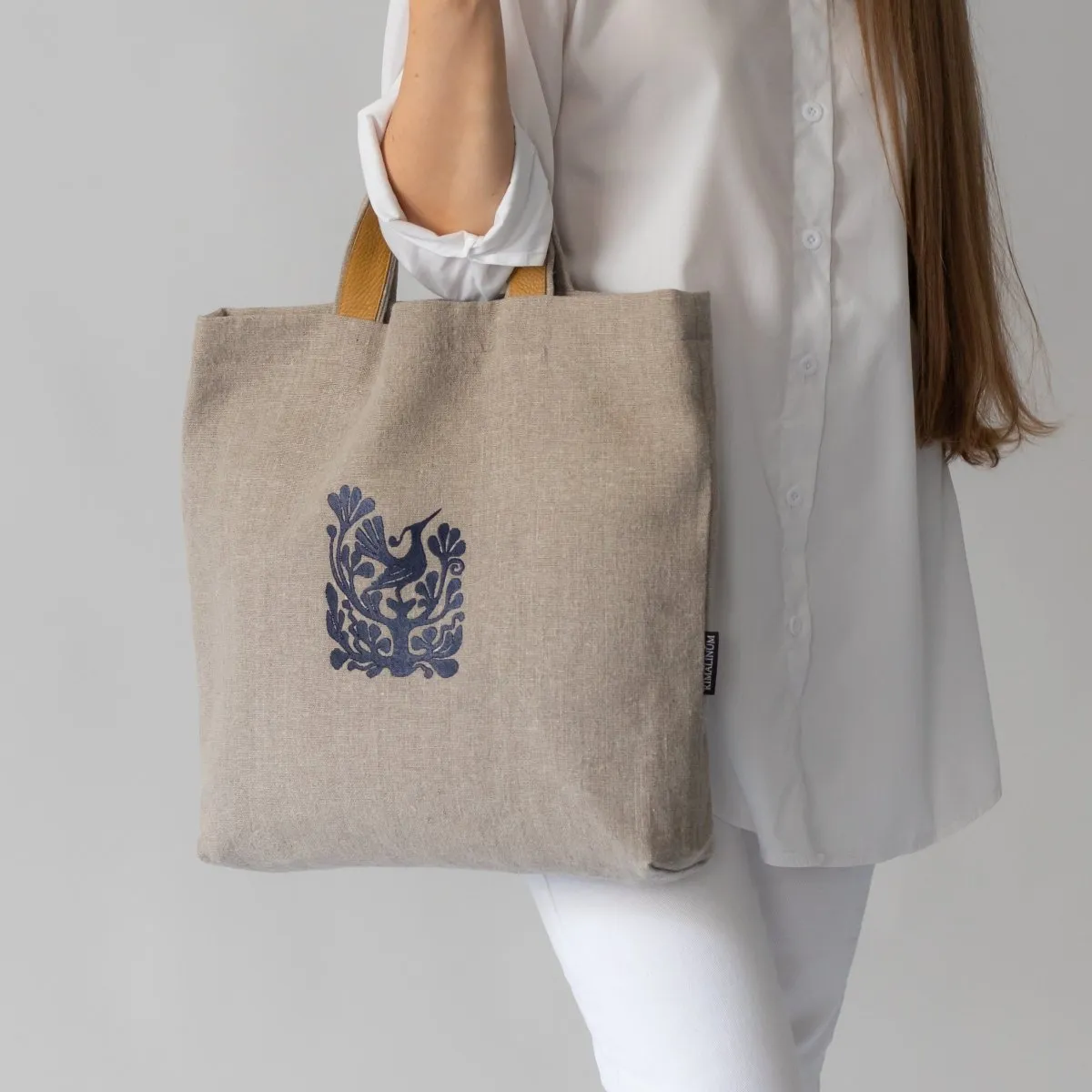 Natural Linen Bag with Lithuanian Folk Art Embroidery and Leather Handles