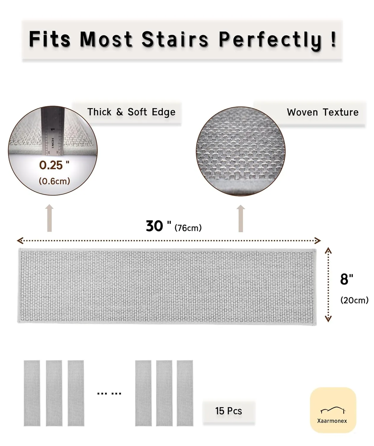 Natural Linen Stair Treads for Wooden Steps, 15 Pcs 8" x 30",Non Slip Stair Runner, Peel and Stick Carpet Indoor for Kids Elders and Pets (15, Grey, 8" x 30")