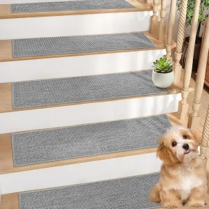 Natural Linen Stair Treads for Wooden Steps, 15 Pcs 8" x 30",Non Slip Stair Runner, Peel and Stick Carpet Indoor for Kids Elders and Pets (15, Grey, 8" x 30")