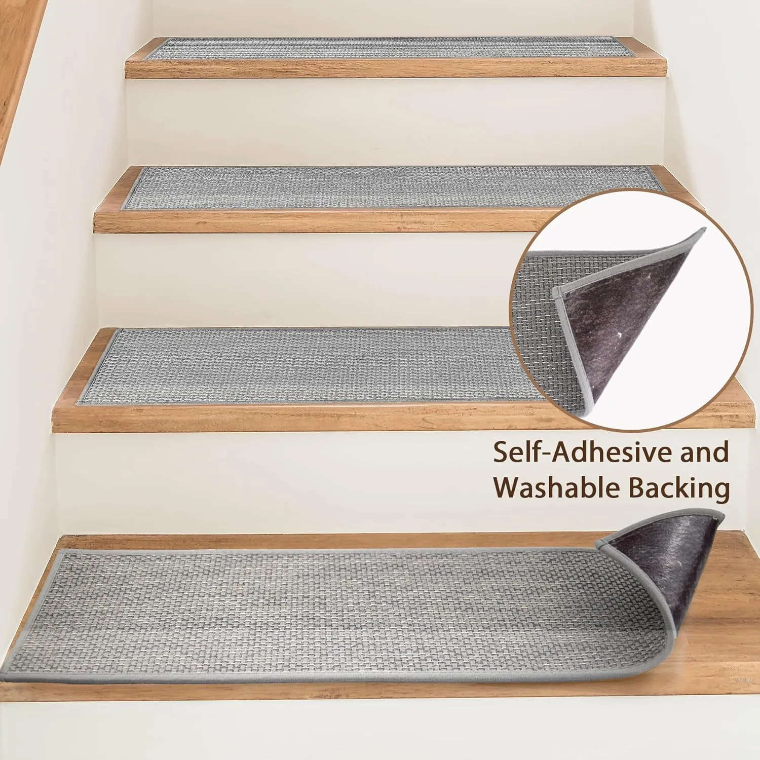 Natural Linen Stair Treads for Wooden Steps, 15 Pcs 8" x 30",Non Slip Stair Runner, Peel and Stick Carpet Indoor for Kids Elders and Pets (15, Grey, 8" x 30")