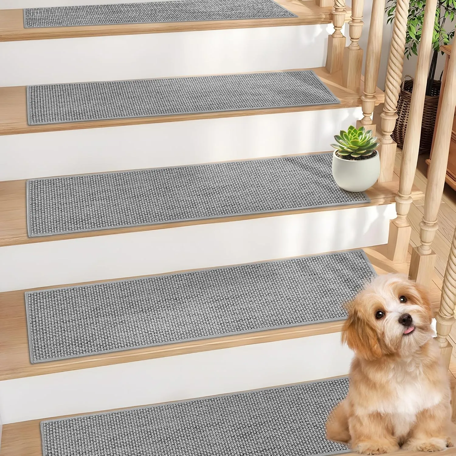 Natural Linen Stair Treads for Wooden Steps, 15 Pcs 8" x 30",Non Slip Stair Runner, Peel and Stick Carpet Indoor for Kids Elders and Pets (15, Grey, 8" x 30")
