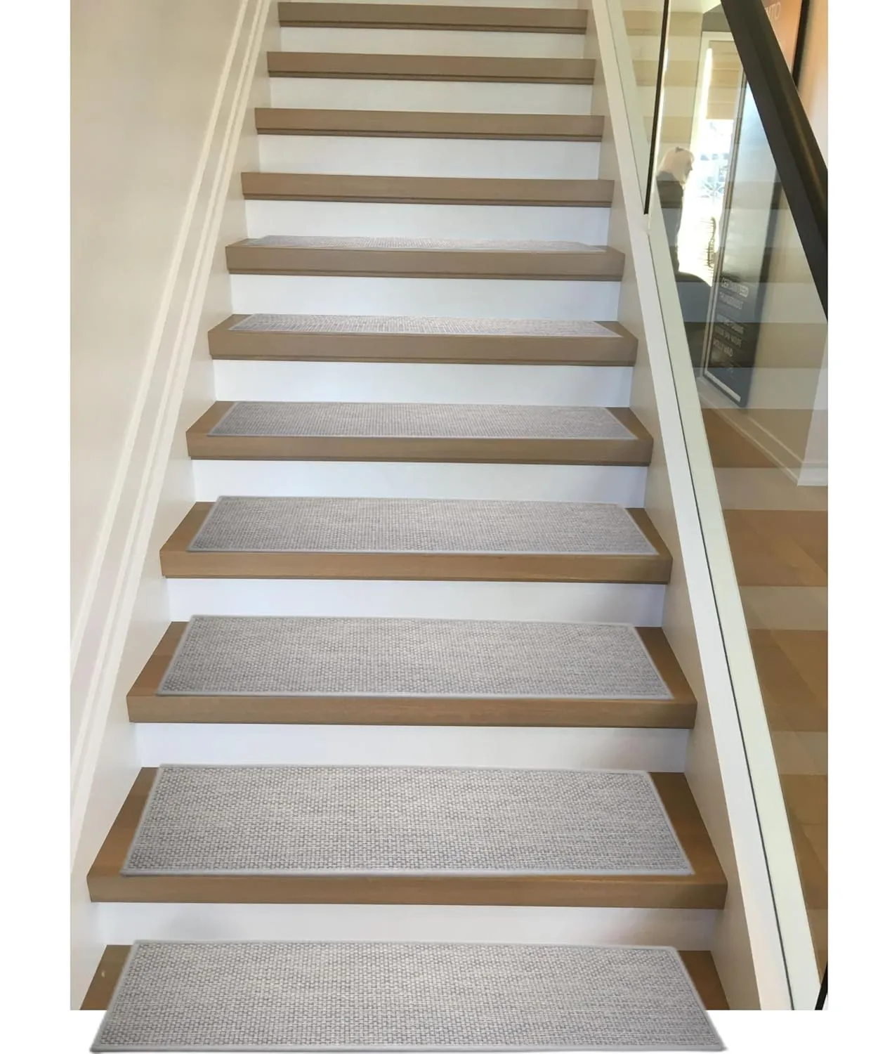 Natural Linen Stair Treads for Wooden Steps, 15 Pcs 8" x 30",Non Slip Stair Runner, Peel and Stick Carpet Indoor for Kids Elders and Pets (15, Grey, 8" x 30")