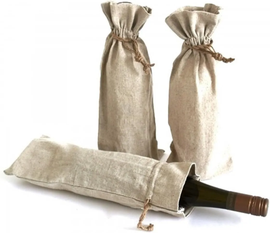 Natural Linen Wine Bags With Drawstrings - 12 Pack