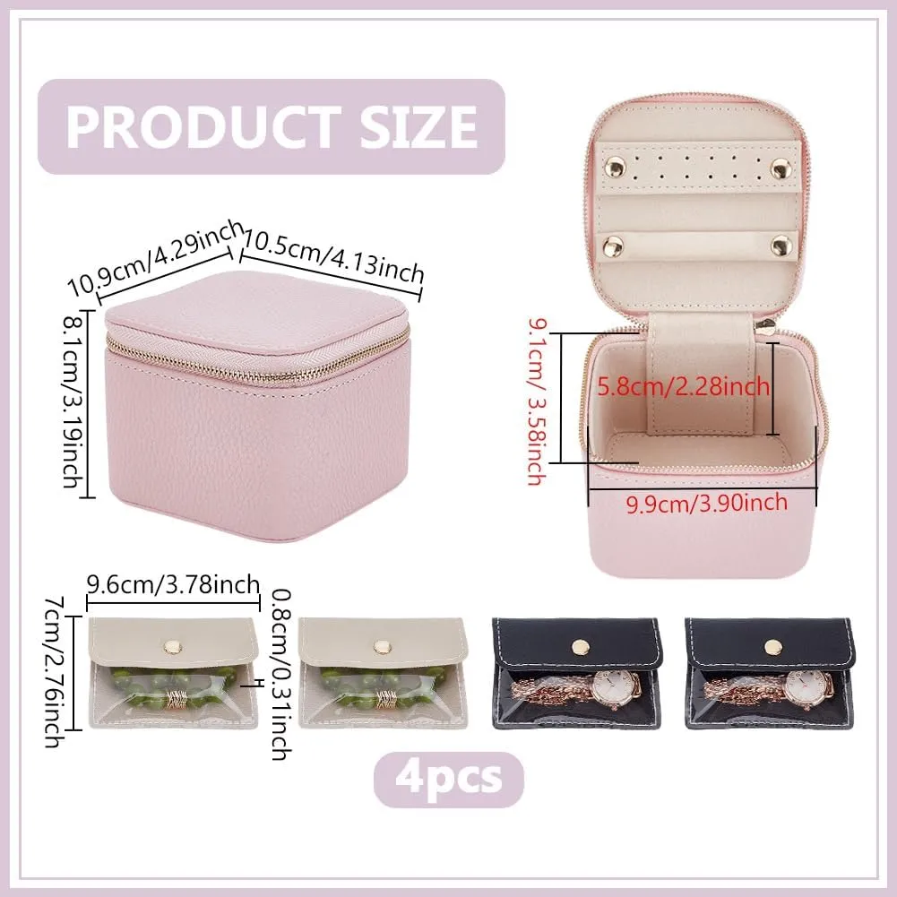 NBEADS Travel Jewelry Box with 4 Pcs Insert Bags, Imitation Leather Portable Jewelry Organizer Storage Case for Earrings Rings Necklaces Bracelets, Pink, 4.3x4.1x3.2 Inch