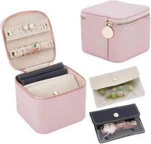 NBEADS Travel Jewelry Box with 4 Pcs Insert Bags, Imitation Leather Portable Jewelry Organizer Storage Case for Earrings Rings Necklaces Bracelets, Pink, 4.3x4.1x3.2 Inch