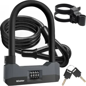NDakter Bike Locks Heavy Duty Anti Theft，18mm Bicycle Combo U Lock with 5FT Cable, 4-Digit Resettable Combination Electric Scooter Lock with 2Keys and Bracket for Tricycle, Moped, Motorcycle(Gray)