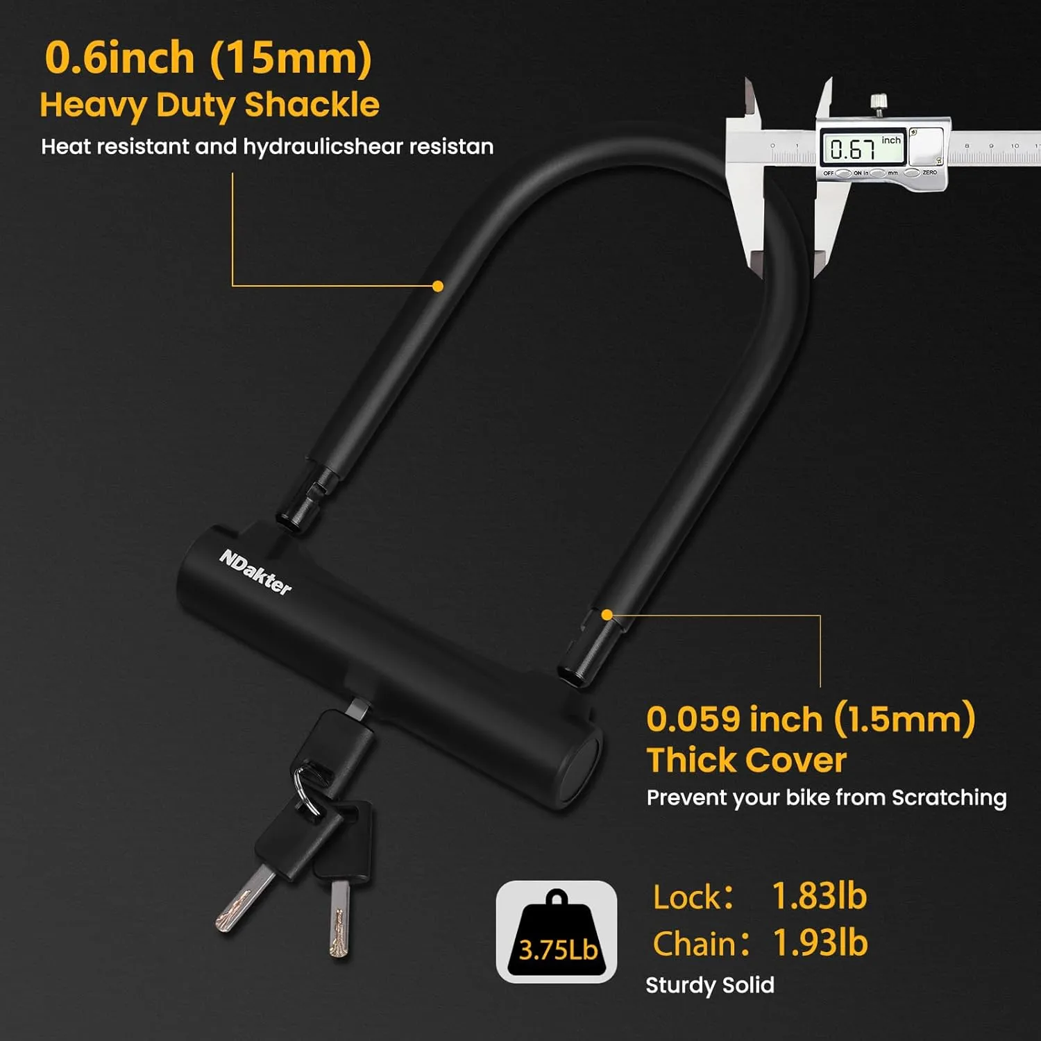 NDakter Motorcycle Locks Anti Theft, Heavy Duty Bike U Lock with 4FT Chain and Bracket,15mm Shackle Electric Bicycle Lock for Scooter, 3 Keys Motorcycle Wheel Lock for Ebike, Moped, Tricycle (160mm)