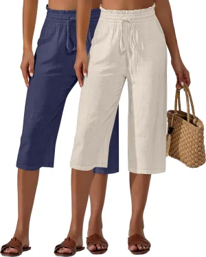 Neer 2 Pcs Women's Linen Wide Leg Capri Pants Beach High Waisted Drawstring Casual Loose Capris Pants with Pockets