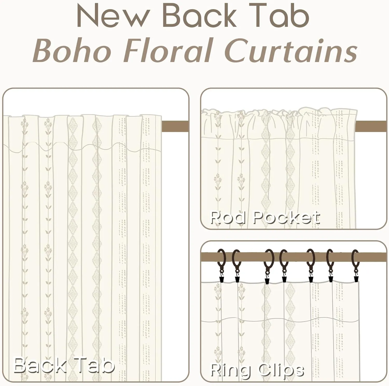 Neutral Farmhouse Curtains for Living Room 84 Inches Long,Taupe Cream Boho Light Filtering Sheer Patterned Modern Beautiful Linen Curtains with Floral Pattern Design Dining Room 84 Length 2 Panels Set