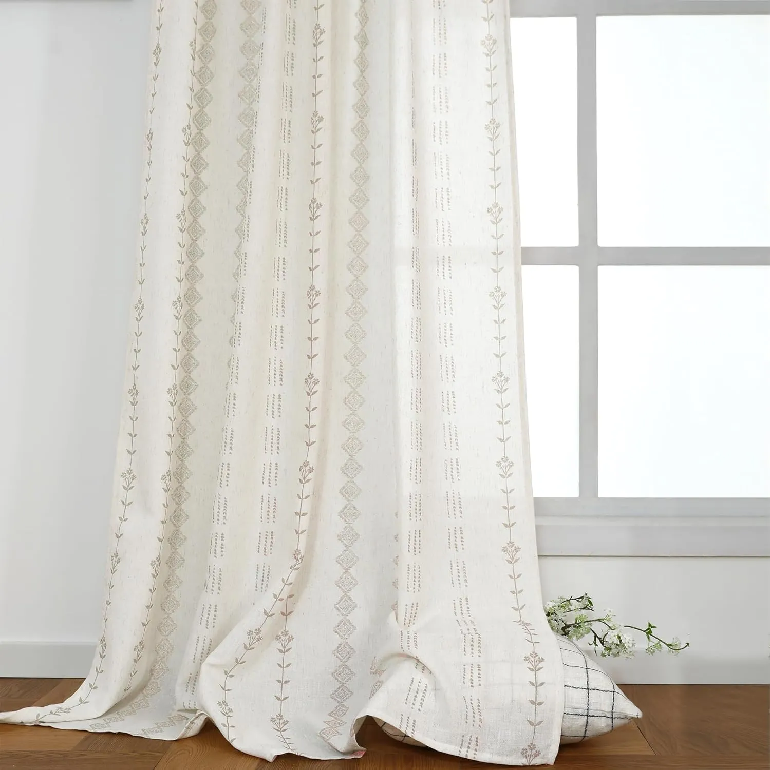 Neutral Farmhouse Curtains for Living Room 84 Inches Long,Taupe Cream Boho Light Filtering Sheer Patterned Modern Beautiful Linen Curtains with Floral Pattern Design Dining Room 84 Length 2 Panels Set