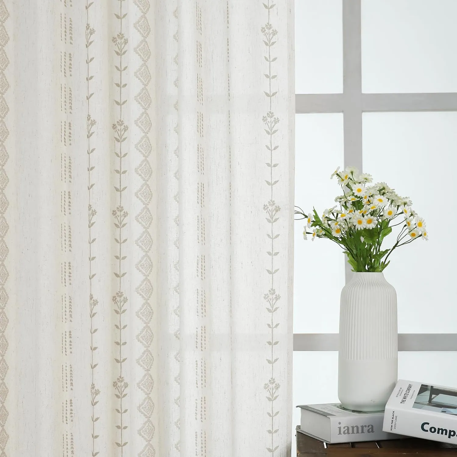 Neutral Farmhouse Curtains for Living Room 84 Inches Long,Taupe Cream Boho Light Filtering Sheer Patterned Modern Beautiful Linen Curtains with Floral Pattern Design Dining Room 84 Length 2 Panels Set