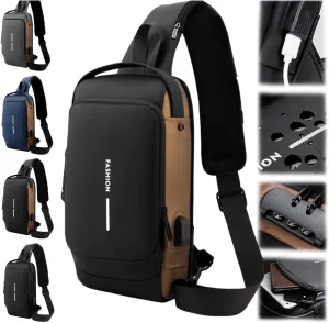 New Carbon Fiber Streamline Anti-Theft Sling Bag, Waterproof USB Charging Sport Sling Anti Theft Shoulder Backpack (Black with Brown)