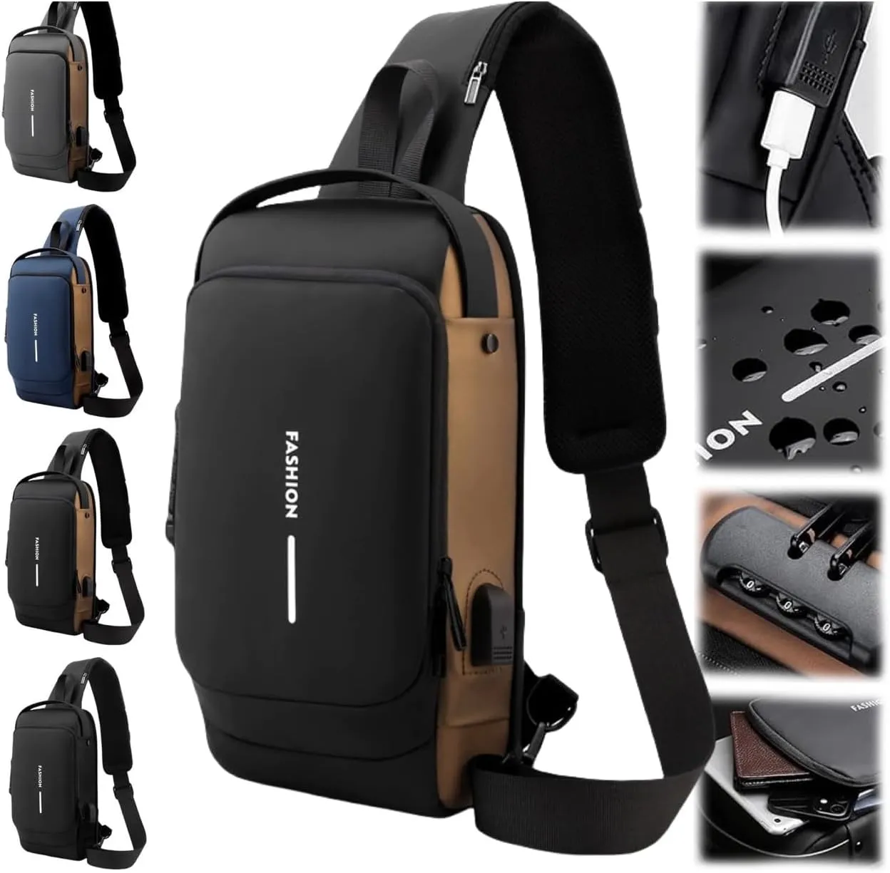 New Carbon Fiber Streamline Anti-Theft Sling Bag, Waterproof USB Charging Sport Sling Anti Theft Shoulder Backpack (Black with Brown)