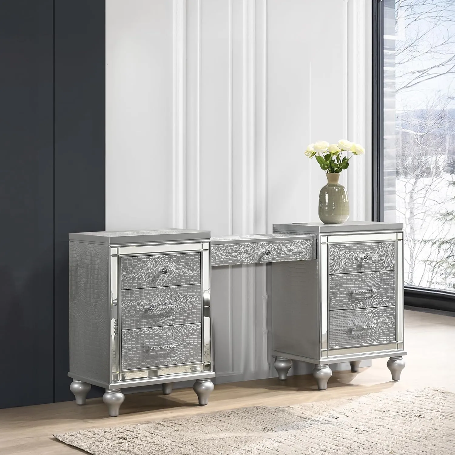 New Classic Furniture Valentino Wood 7-Drawer Vanity Table, Silver