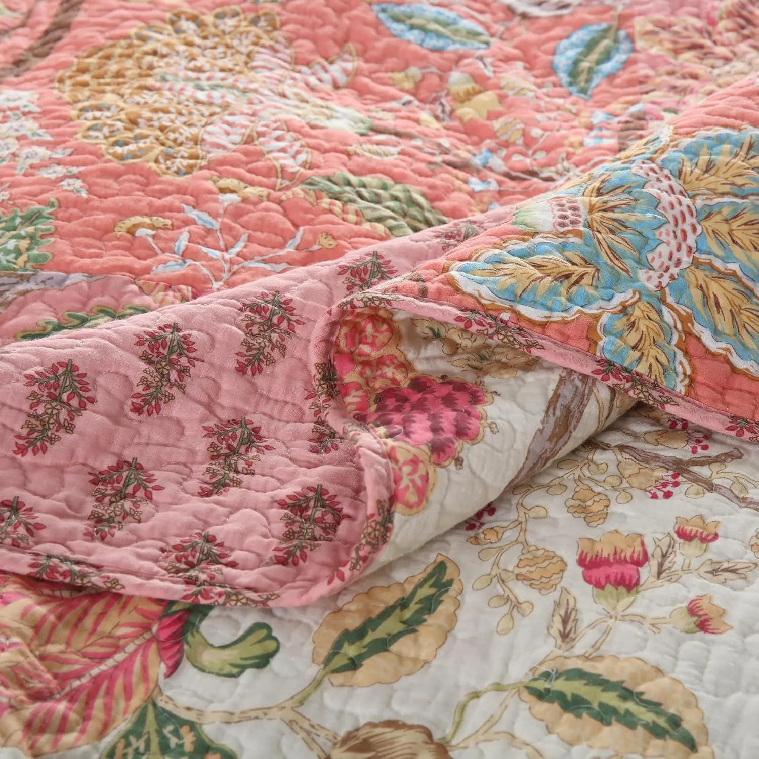 NEWLAKE Cotton Patchwork Bedspread, 3-Piece Bedding Quilt Set with Real Stitched Embroidery, Reversible Matelasse Bed Coverlet Set,Bohemian Floral, Queen Size