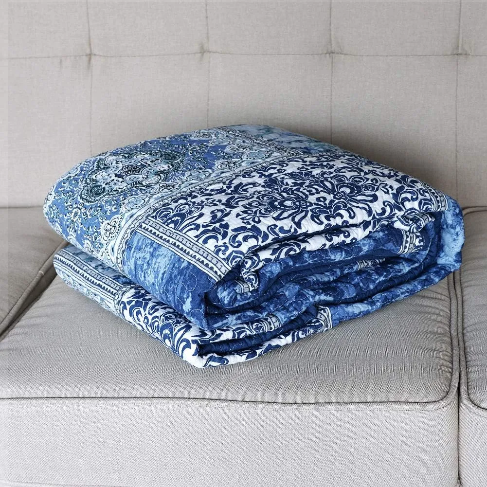 NEWLAKE Quilted Throw Blanket for Bed Couch Sofa, Blue Classic Bohemian, 60X78 Inch