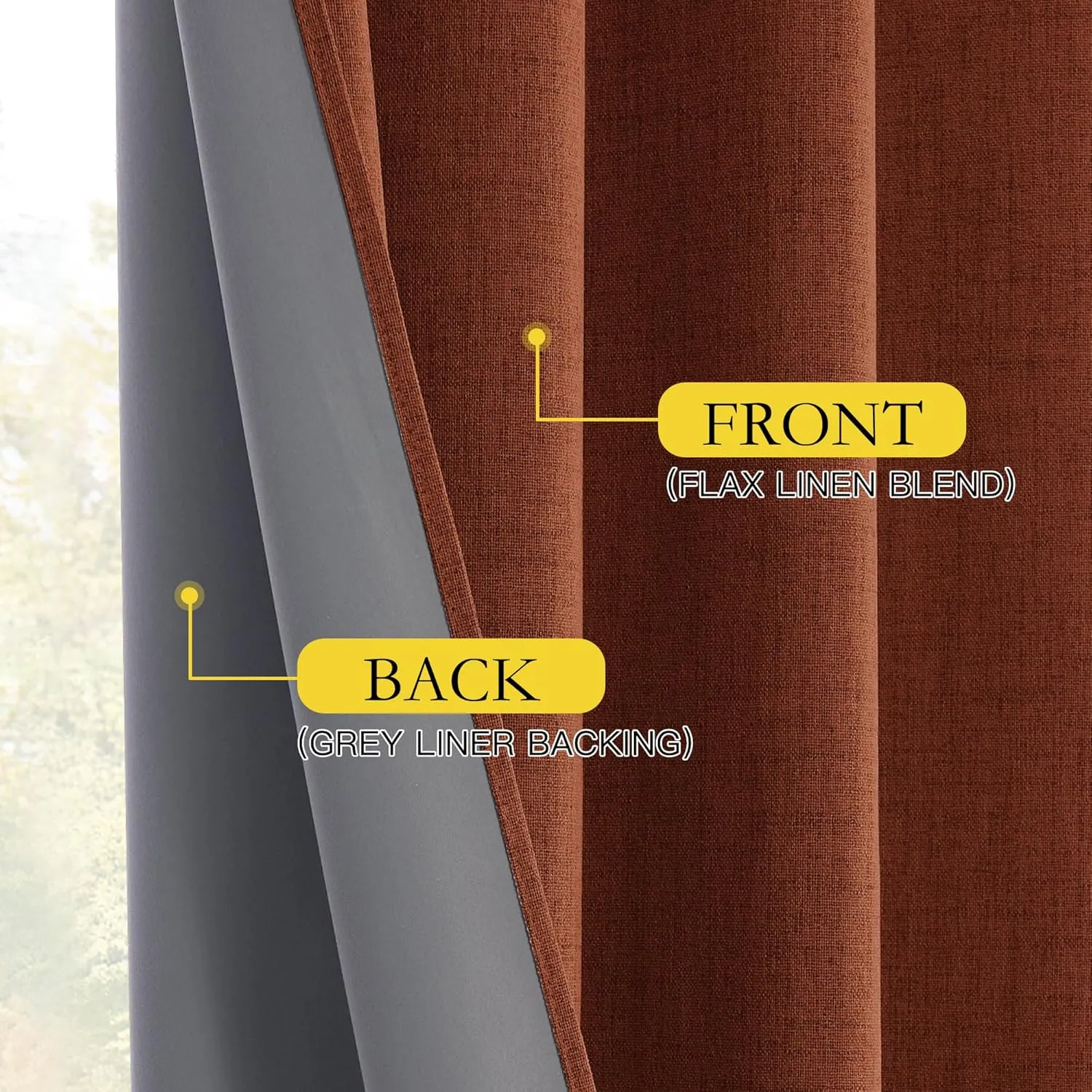 NICETOWN 100% Absolutely Blackout Linen Curtains with Thermal Insulated Grey Liner, 52" Wide, 2 Panels, 84 inches Long Drapes, Grommet Retro Burnt Orange Linen Vertical Drapes Privacy for Bedroom