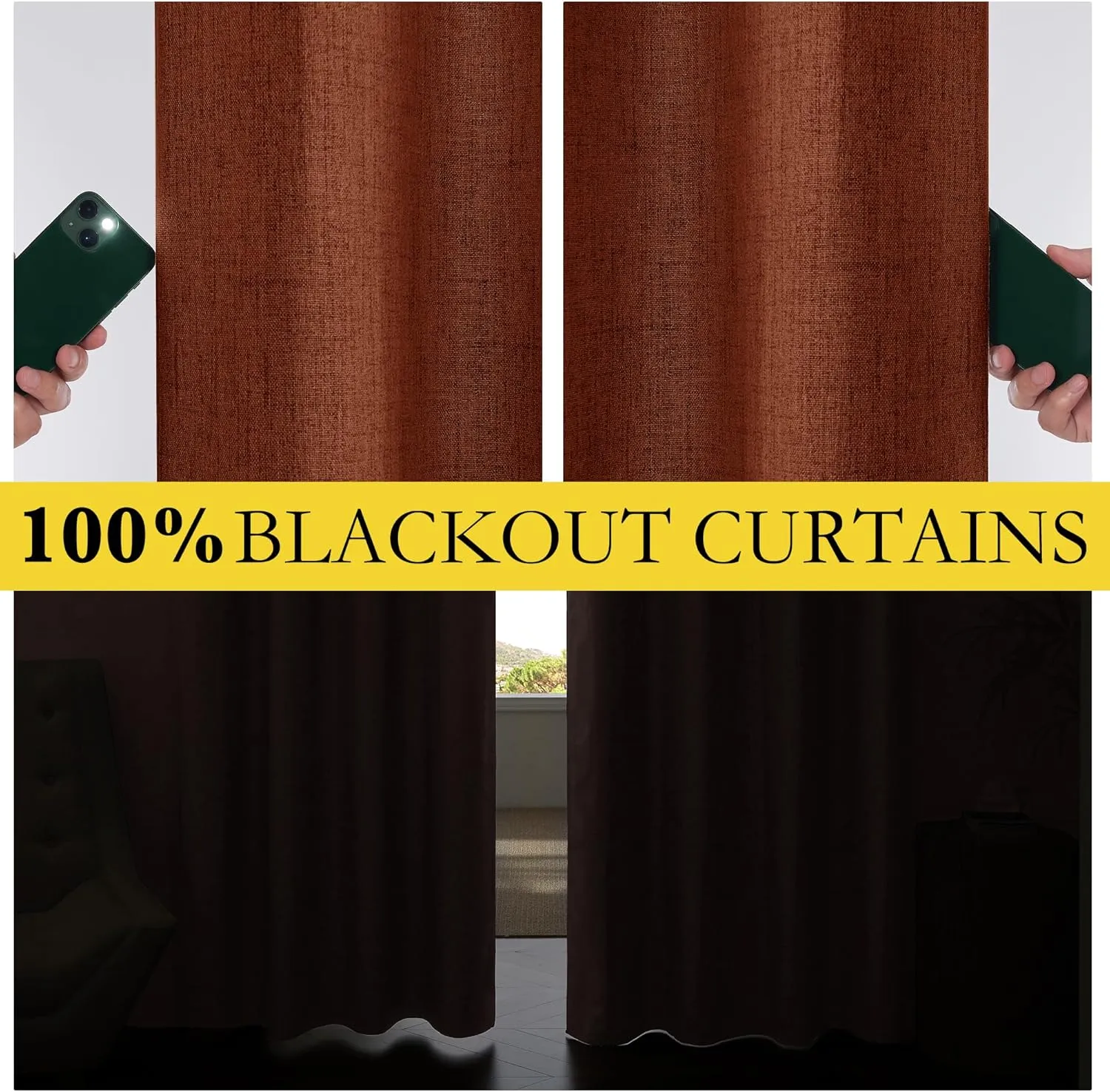 NICETOWN 100% Absolutely Blackout Linen Curtains with Thermal Insulated Grey Liner, 52" Wide, 2 Panels, 84 inches Long Drapes, Grommet Retro Burnt Orange Linen Vertical Drapes Privacy for Bedroom
