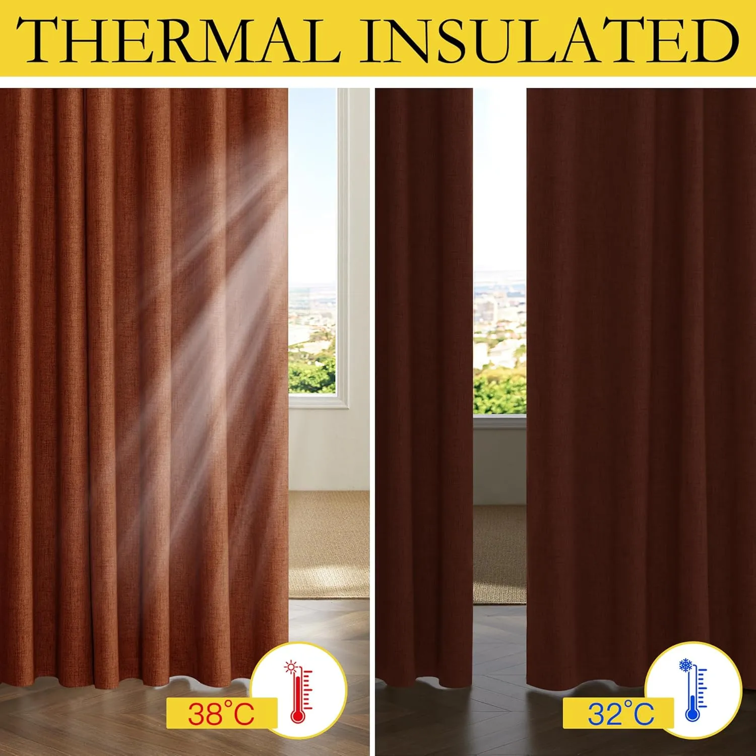 NICETOWN 100% Absolutely Blackout Linen Curtains with Thermal Insulated Grey Liner, 52" Wide, 2 Panels, 84 inches Long Drapes, Grommet Retro Burnt Orange Linen Vertical Drapes Privacy for Bedroom