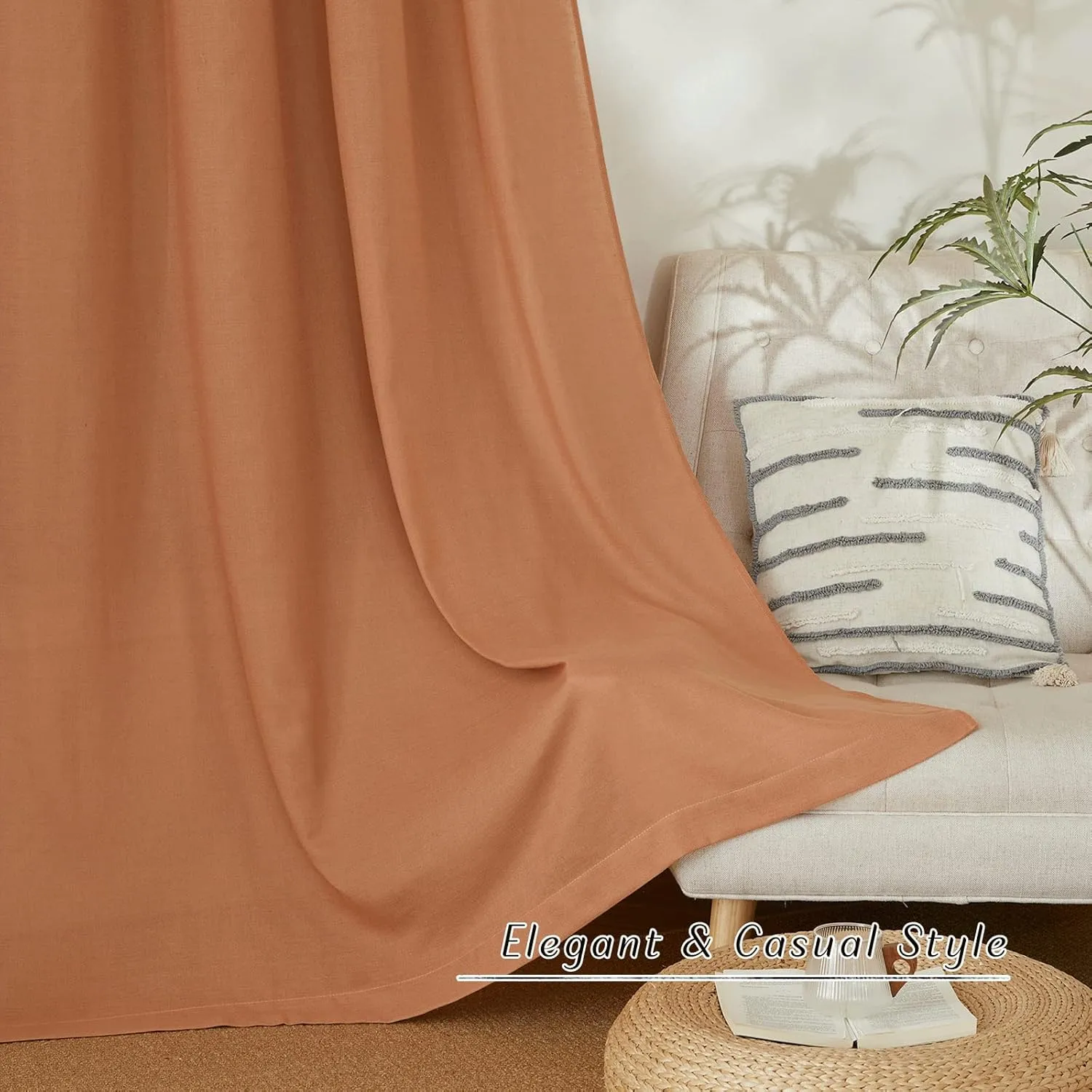 NICETOWN Linen Curtains 84 inch Length 2 Panels Burnt Orange, Grommet Privacy Added Thick Flax Linen Burlap Semi Sheer Light Filtering Window Curtain Drapes for Bedroom/Flat, W55 x L84