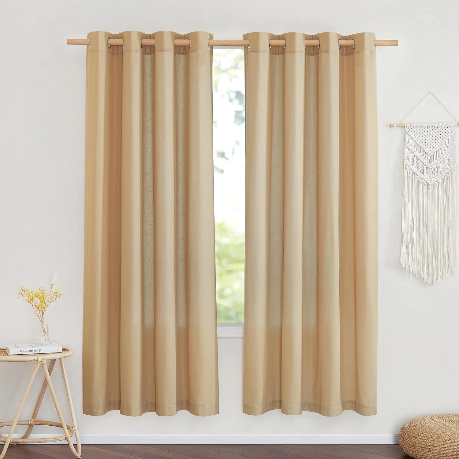 NICETOWN Linen Flax Semi Sheer Curtains 72" Length, Grommet Top Bedroom Window Treatments Privacy with Light Filtering Vertical Drapes for Loft/Bedroom, Burlap, W55 x L72, 2 Panels