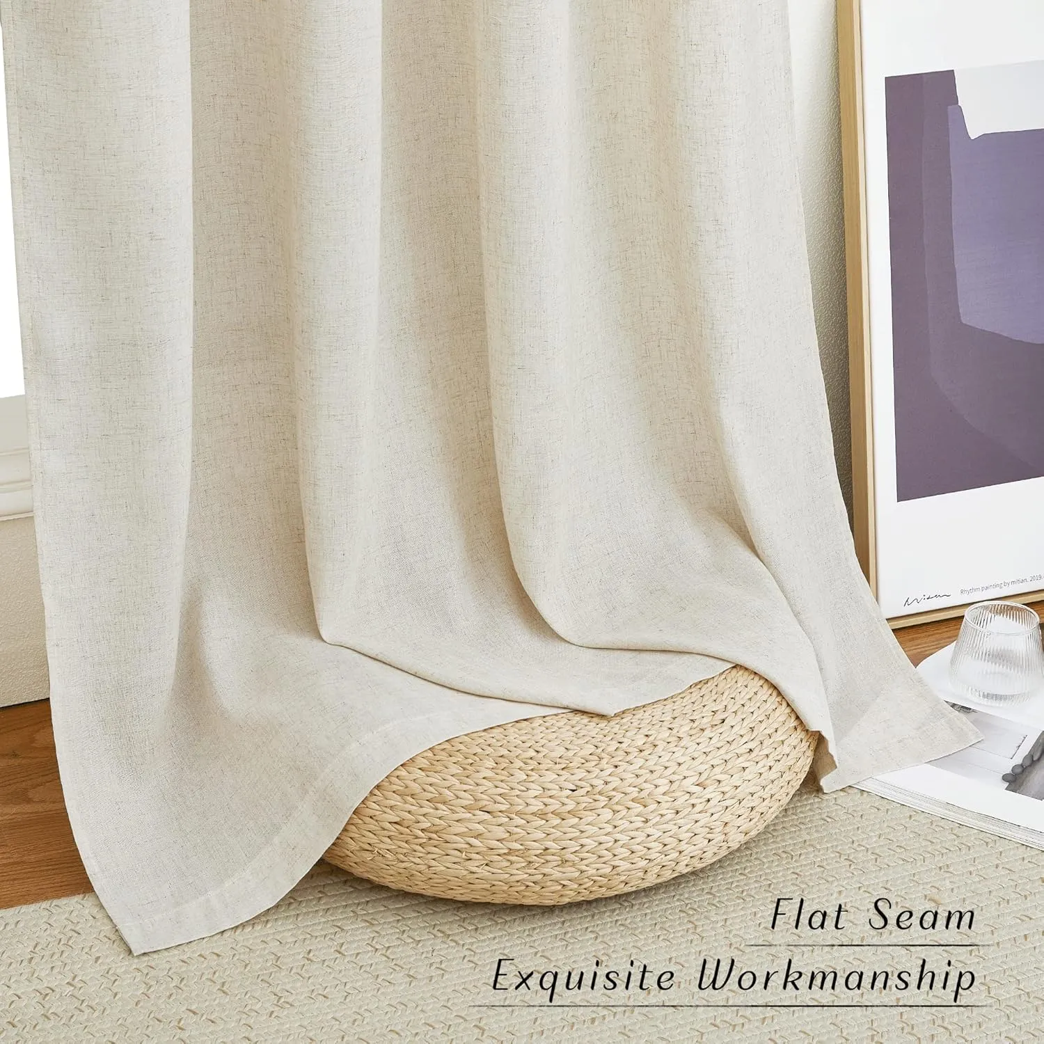 NICETOWN Linen Flax Semi Sheer Curtains 72" Length, Grommet Window Treatments Privacy Added with Light Penetration Vertical Drapes for Loft/Home Office, Natural, W55 x L72, 2 Panels