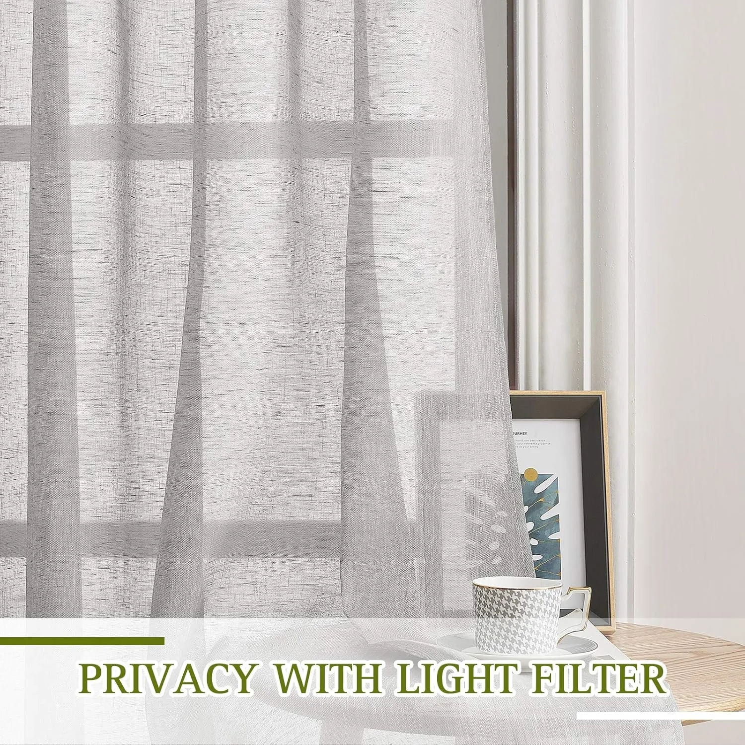 NICETOWN Linen Sheer Curtains Flax Texture, Tab Top Privacy with Enough Light Through Semi Sheer Drapes Window Treatments for Sliding Glass Door/Bedroom, Grey, 52W x 96L, 2 Pieces