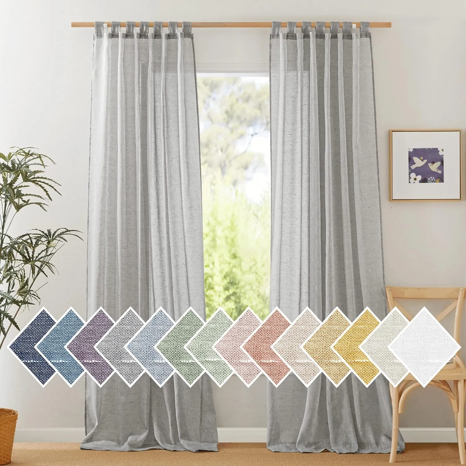 NICETOWN Linen Sheer Curtains Flax Texture, Tab Top Privacy with Enough Light Through Semi Sheer Drapes Window Treatments for Sliding Glass Door/Bedroom, Grey, 52W x 96L, 2 Pieces
