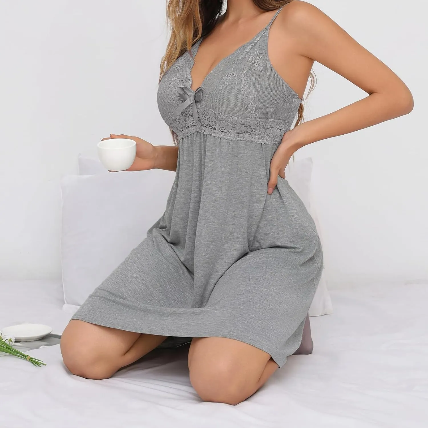 Nighty for Women Long Nightgowns Lace Chemise Lingerie Dress V-Neck Full Slip Sleep Dress