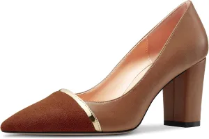 NobleOnly Womens Mid Block Heel Pointed Toe Slip-on Patchwork Pumps Prom Casual Party Dress Shoes 3.2 Inches Heels