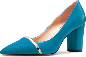 NobleOnly Womens Mid Block Heel Pointed Toe Slip-on Patchwork Pumps Prom Casual Party Dress Shoes 3.2 Inches Heels